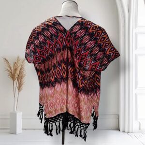 Band of Gypsies Short Fringe Kimono Size L Pink Orange Ikat Cardigan Topper